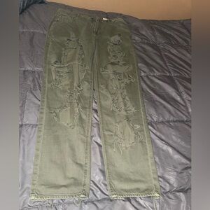American Eagle Outfitters Olive Green Distressed Jeans wide leg